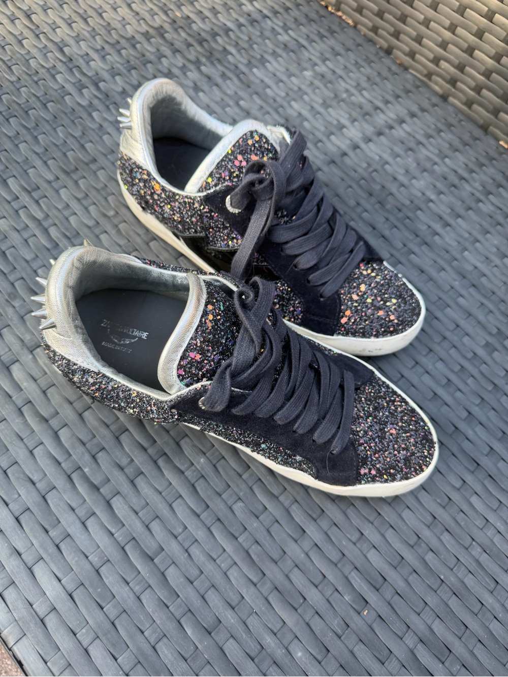 Zadig & Voltaire Black Glitter Low-Top Sneakers with Silver Collar